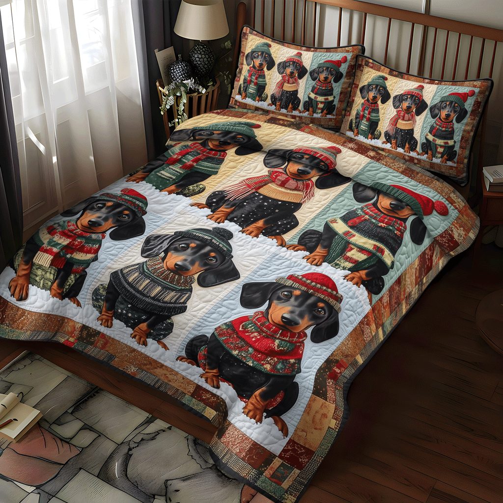 Sweater Wiener quilted 3-piece bedding set on a made bed with two matching pillow shams