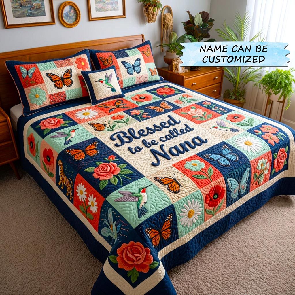 Sweet Bloom 3-Piece Quilted Bedding Set QTCUZ - Design 2 quilted 3-piece bedding set on a made bed with two matching pillow shams