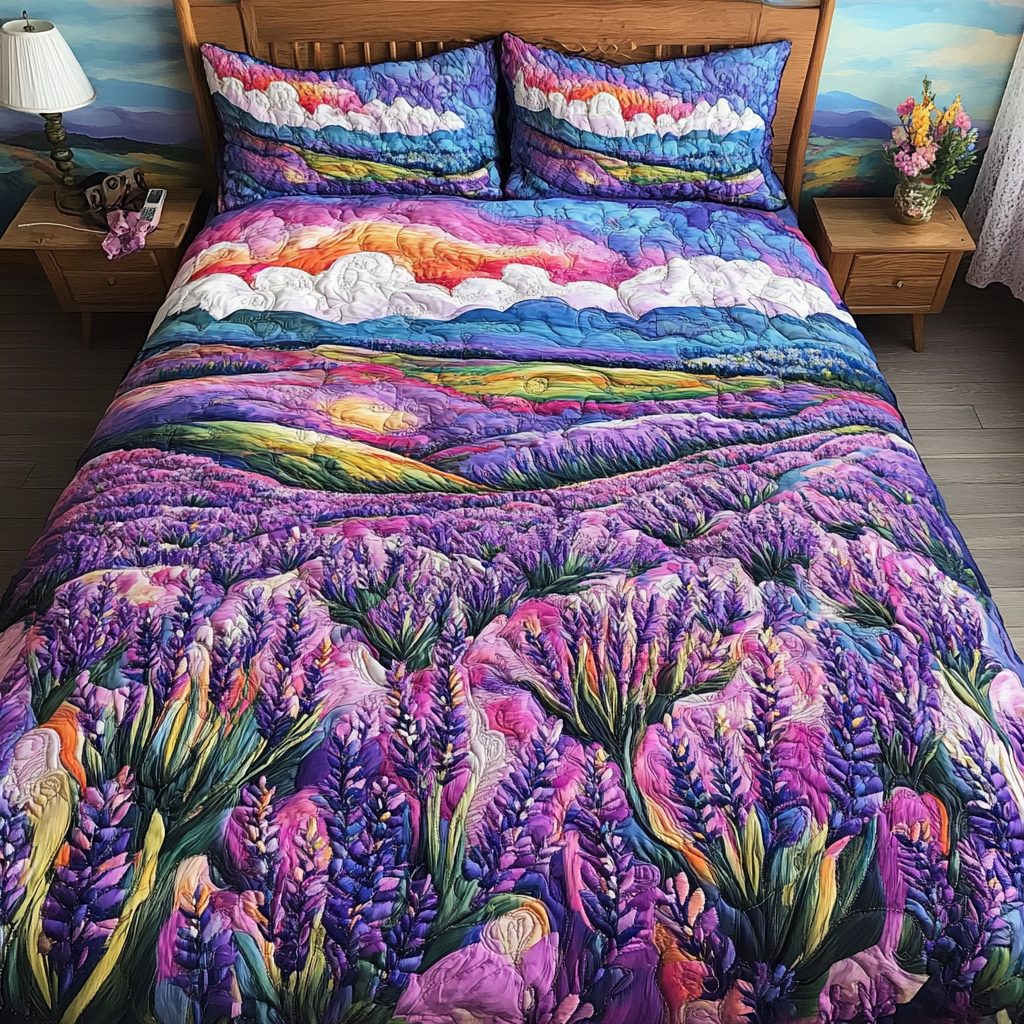Sweet Bloom quilted 3-piece bedding set on a made bed with two matching pillow shams