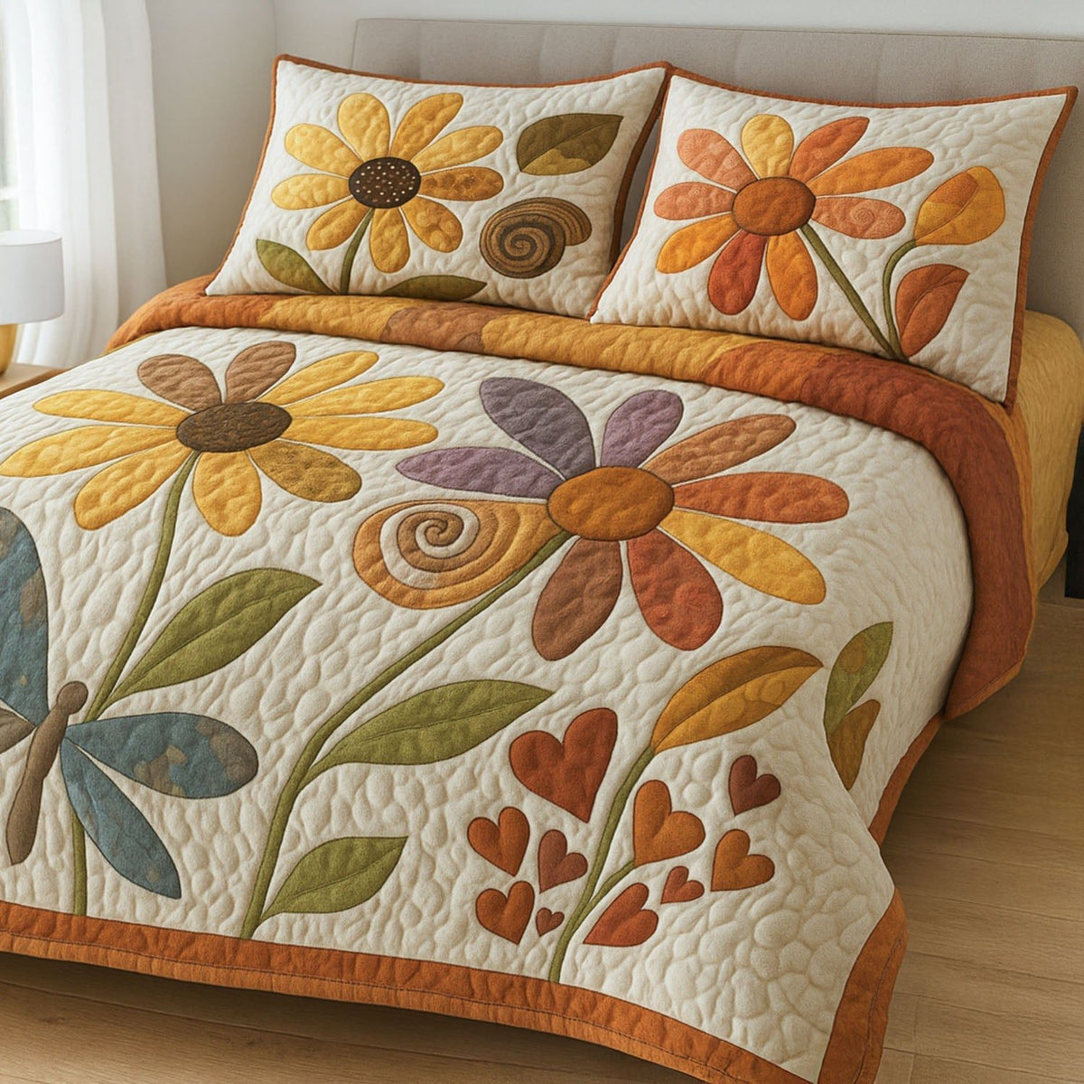 Sweet Blooms quilted 3-piece bedding set on a made bed with two matching pillow shams