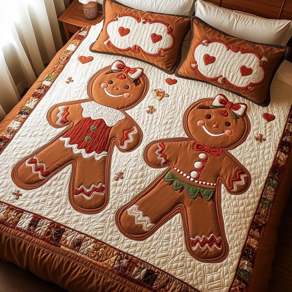 Sweet Ginger Duo quilted 3-piece bedding set on a made bed with two matching pillow shams