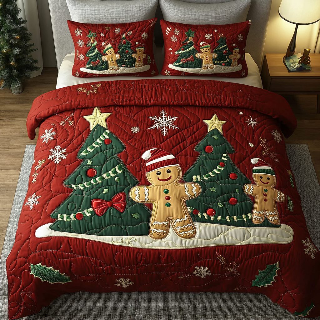 Sweet Holiday Magic quilted 3-piece bedding set on a made bed in a winter-styled bedroom