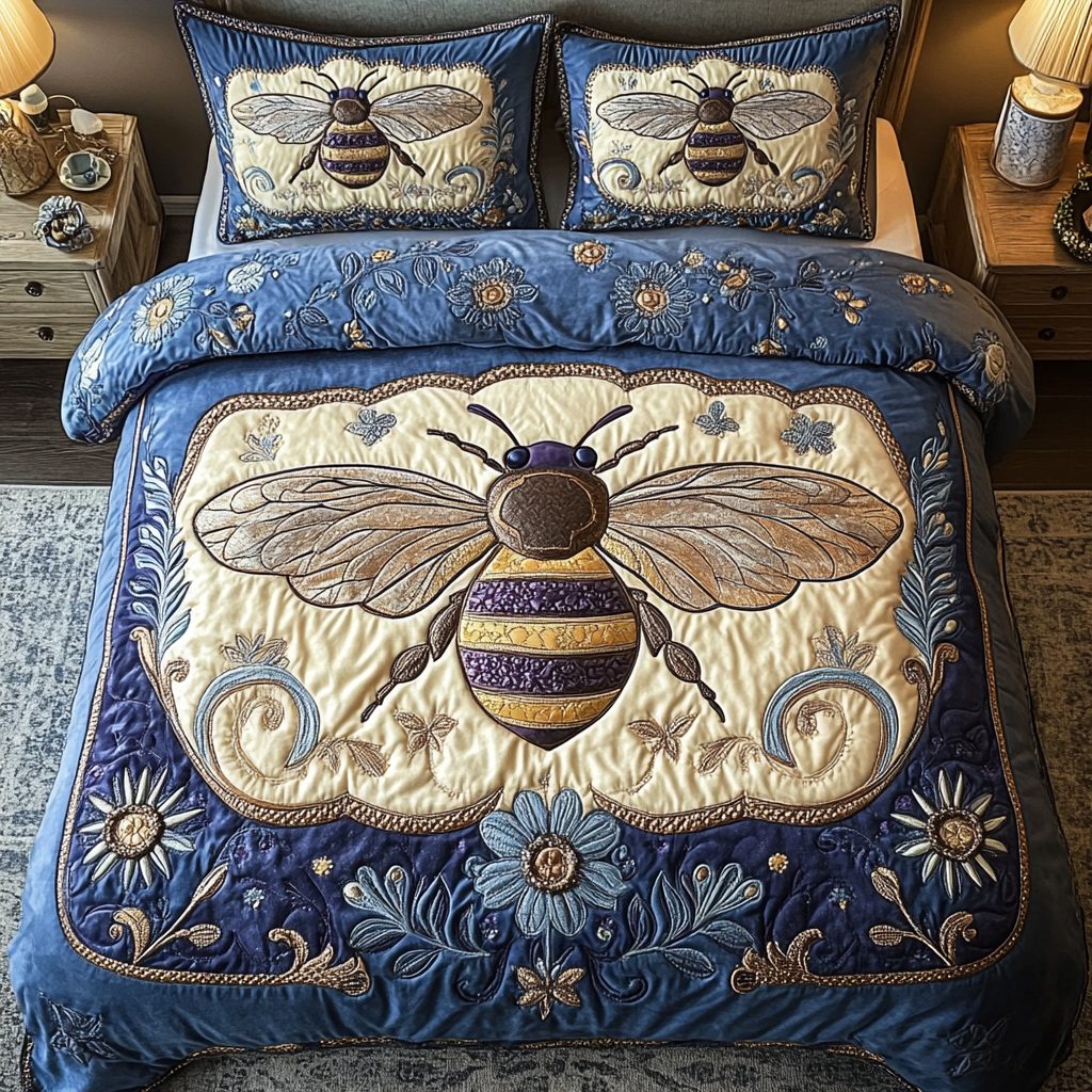Sweet Nectar quilted 3-piece bedding set on a made bed with two matching pillow shams