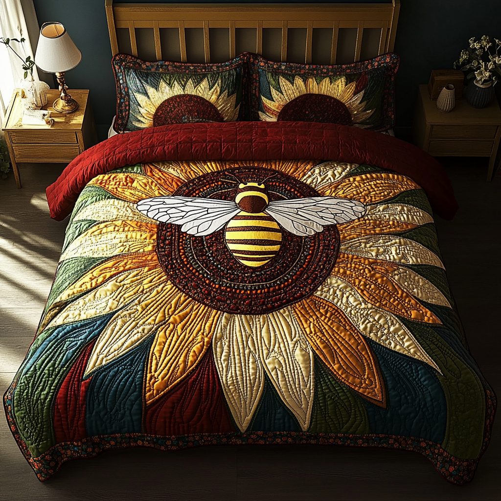 Sweet Nectar quilted 3-piece bedding set on a made bed with two matching pillow shams