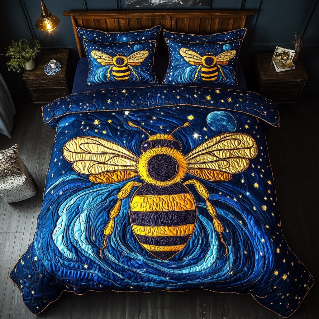 Sweet Pollen quilted 3-piece bedding set on a made bed with two matching pillow shams