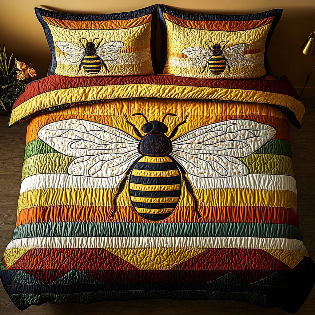 Sweet Pollen quilted 3-piece bedding set on a made bed with two matching pillow shams