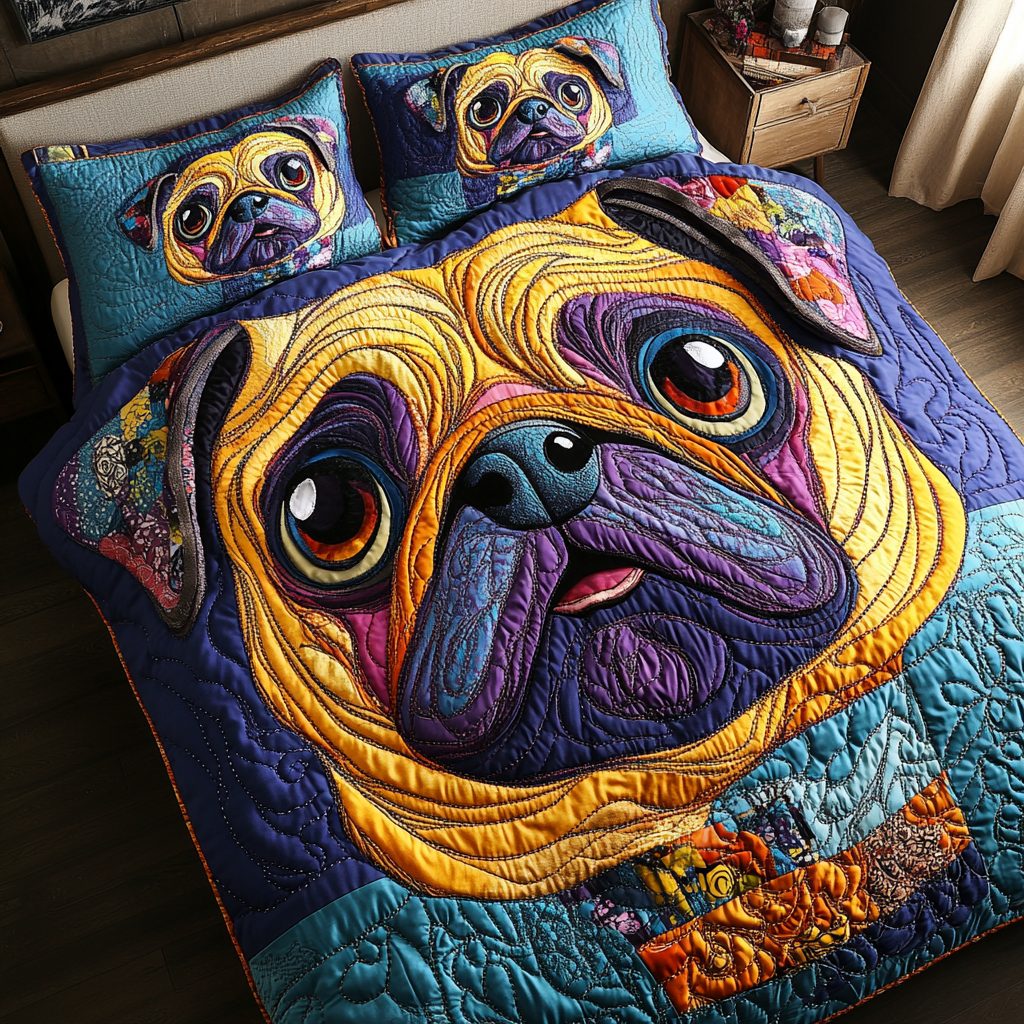 Sweet Pug quilted 3-piece bedding set on a made bed with two matching pillow shams