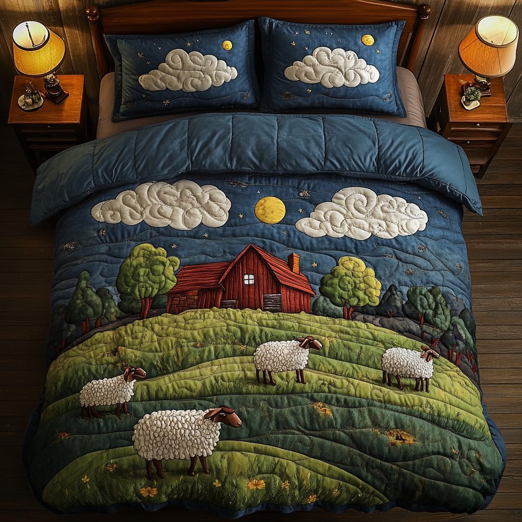 Sweet Sheep quilted 3-piece bedding set on a made bed with two matching pillow shams