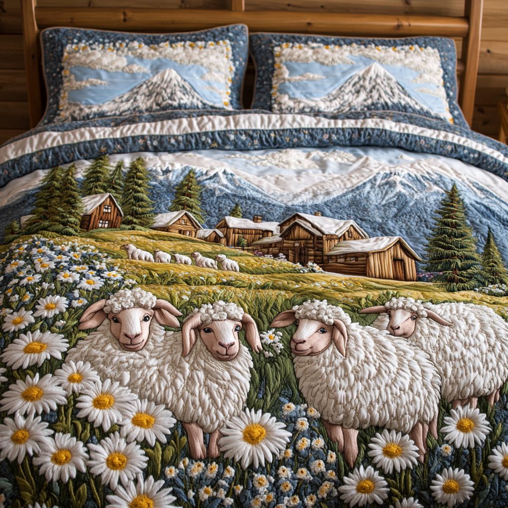 Sweet Sheep quilted 3-piece bedding set on a made bed with two matching pillow shams