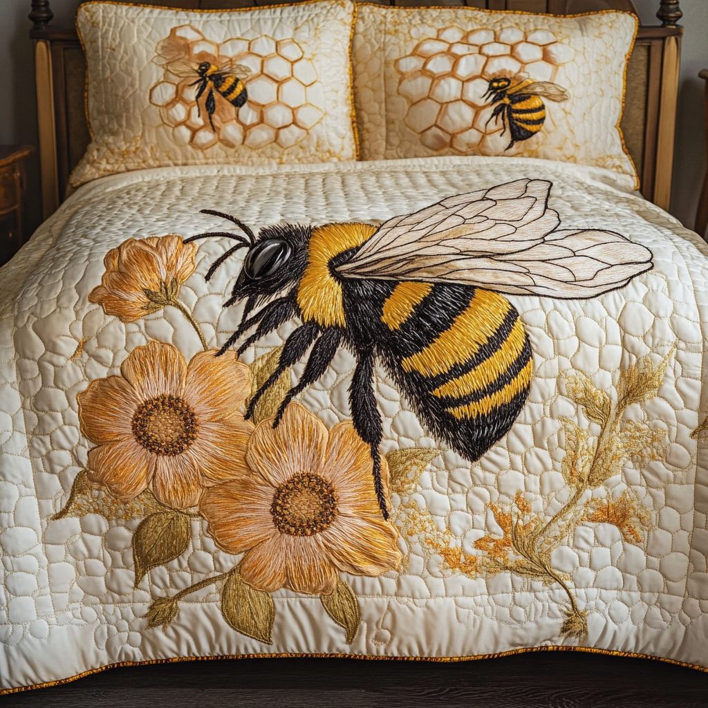 Sweet Swarm quilted 3-piece bedding set on a made bed with two matching pillow shams