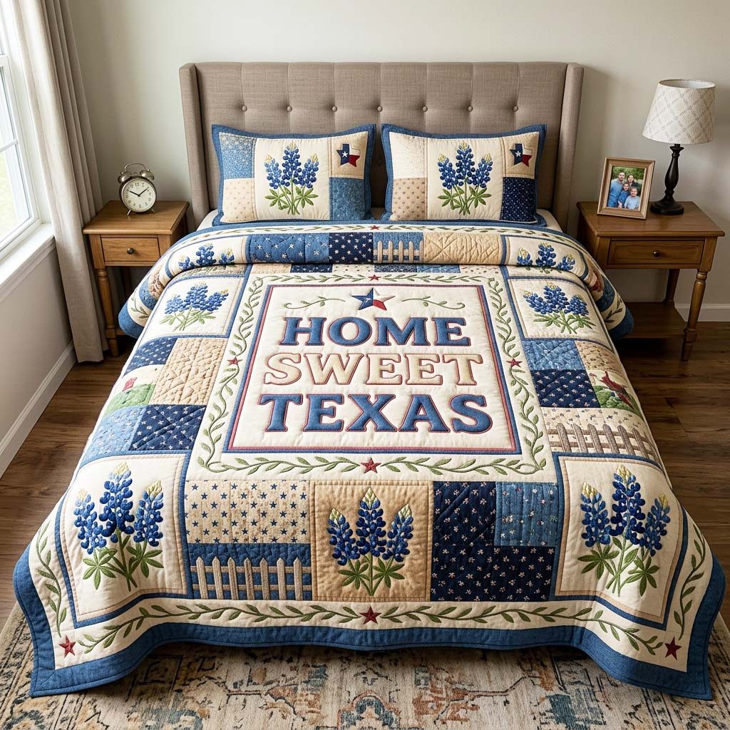 Sweet Texas quilted 3-piece bedding set on a made bed in a rustic timber bedroom