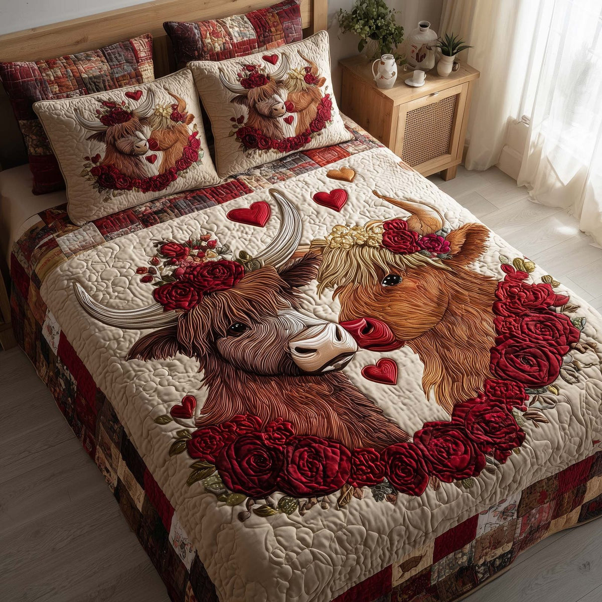 Sweet Union quilted 3-piece bedding set on a made bed in a warmly lit bedroom