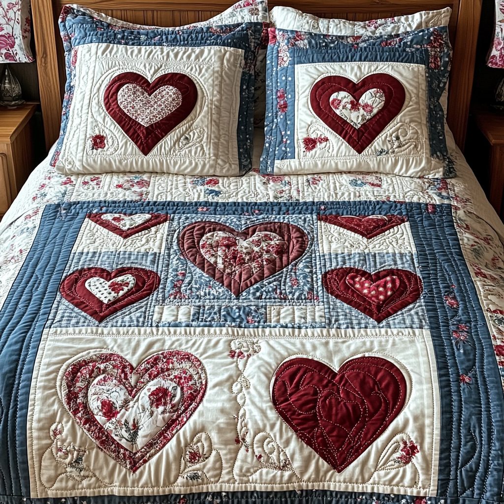 Sweetheart Patchwork quilted 3-piece bedding set on a made bed in a farmhouse bedroom