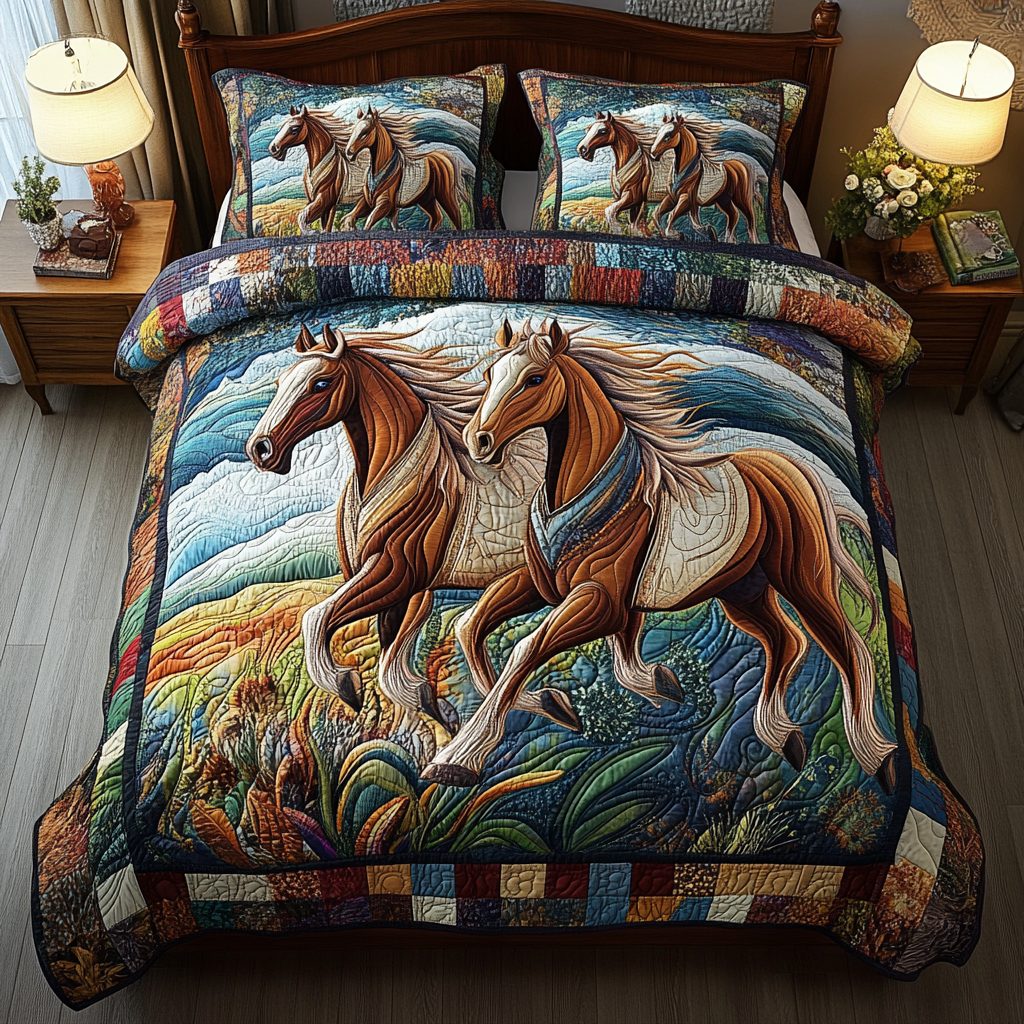 Swift Hooves quilted 3-piece bedding set on a made bed with two matching pillow shams