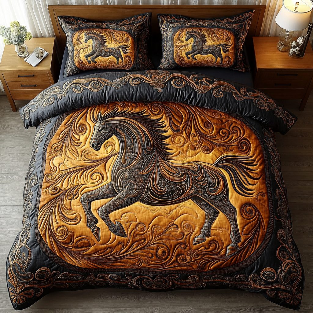 Swift Stallion quilted 3-piece bedding set on a made bed in a rustic timber bedroom