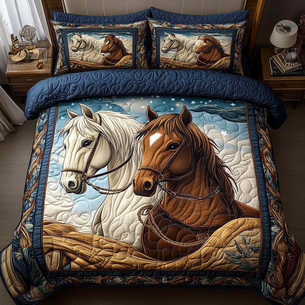 Swift Stallion quilted 3-piece bedding set on a made bed in a rustic timber bedroom