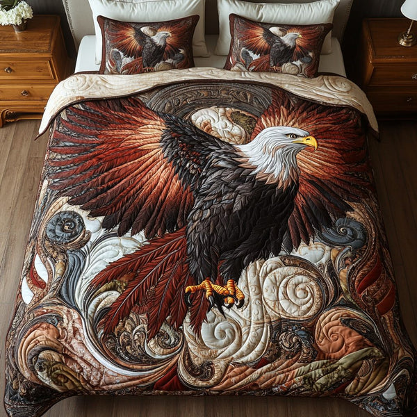 Swift Wing quilted 3-piece bedding set on a made bed with two matching pillow shams