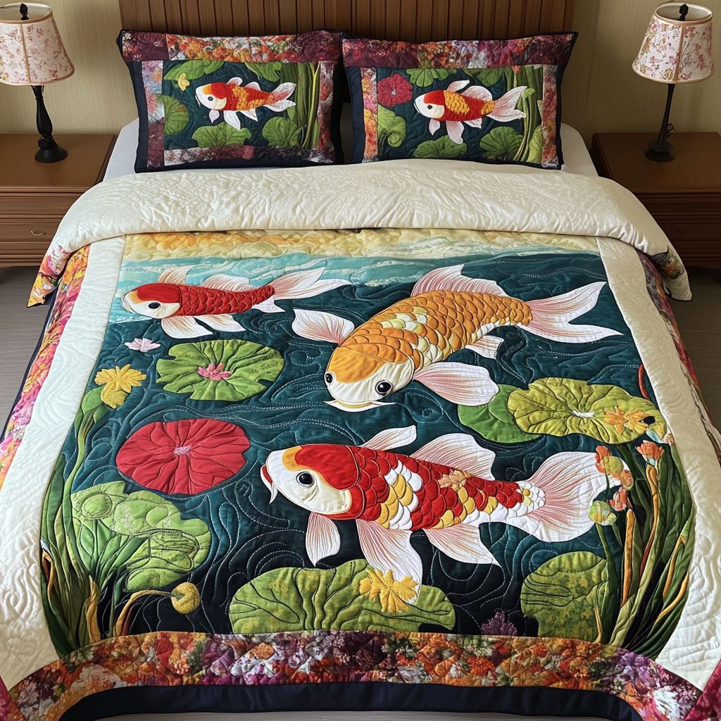 Swirling Koi quilted 3-piece bedding set on a made bed with two matching pillow shams