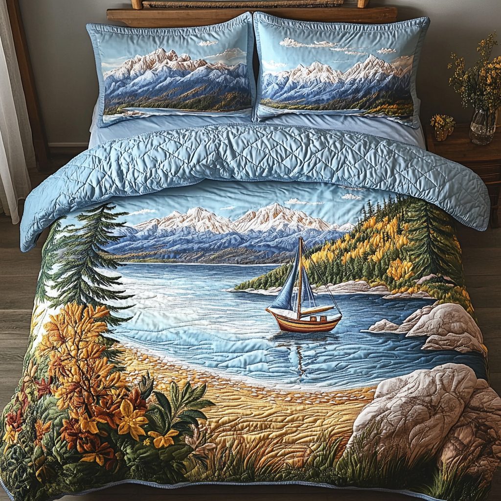 Tahoe Tranquility quilted 3-piece bedding set on a made bed with two matching pillow shams