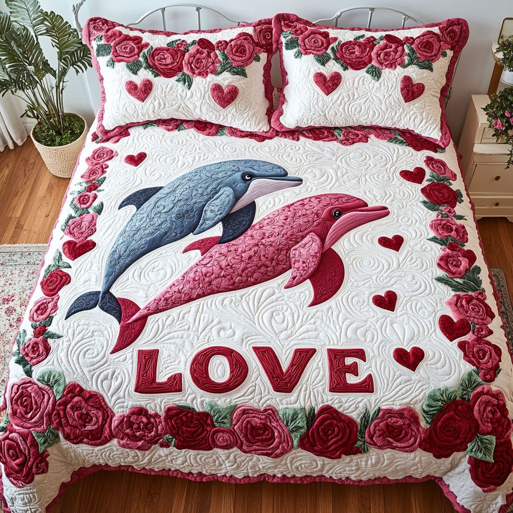 Tails of Love quilted 3-piece bedding set on a made bed with two matching pillow shams