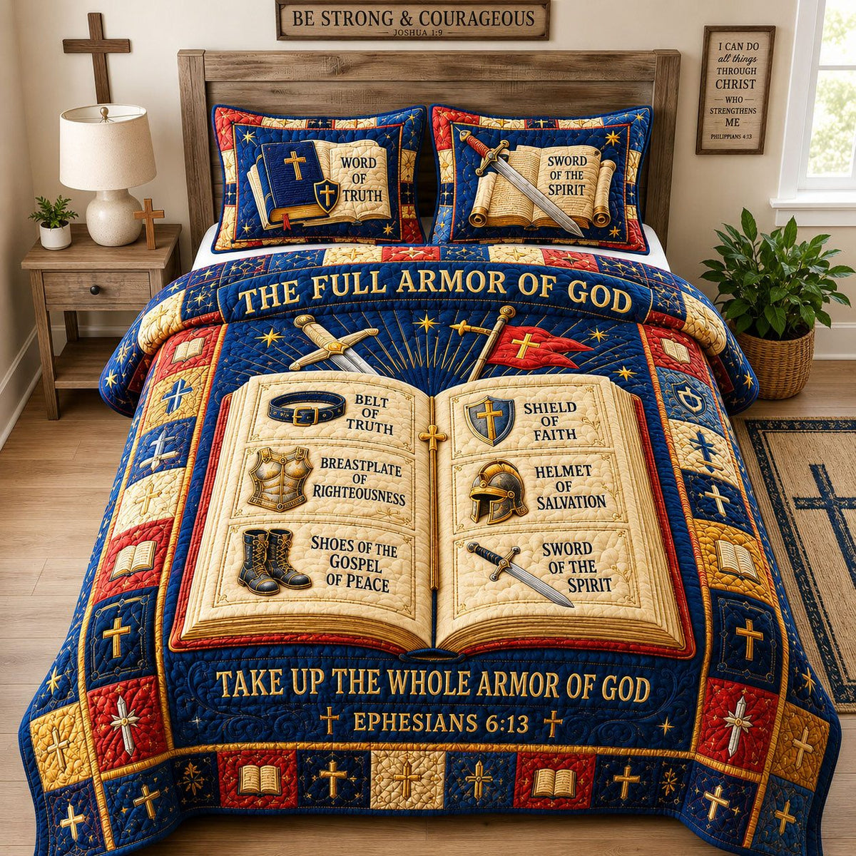 Take Up The Armor quilted 3-piece bedding set on a made bed with two matching pillow shams