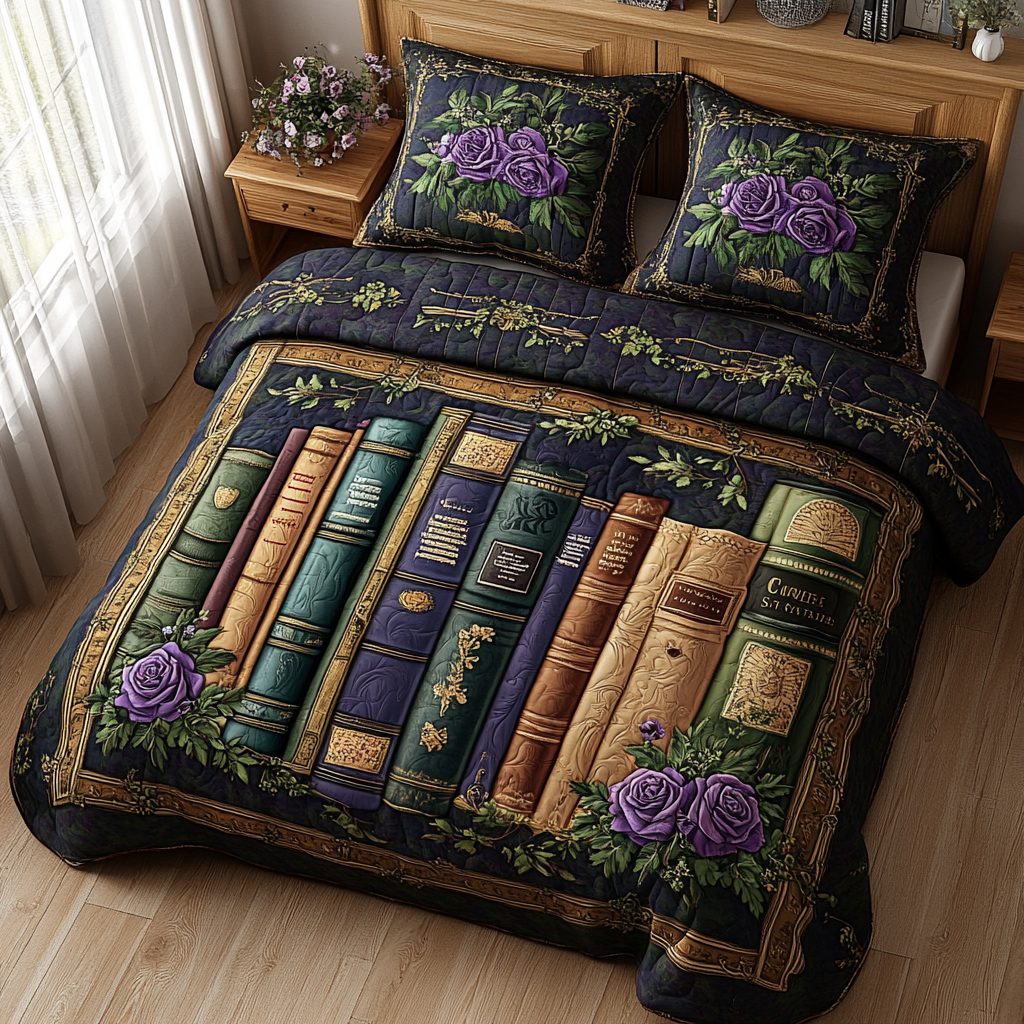 Tales and Textiles quilted 3-piece bedding set on a made bed with two matching pillow shams