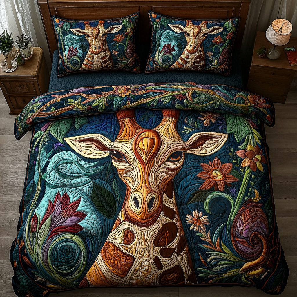 Tall And Majestic quilted 3-piece bedding set on a made bed with two matching pillow shams