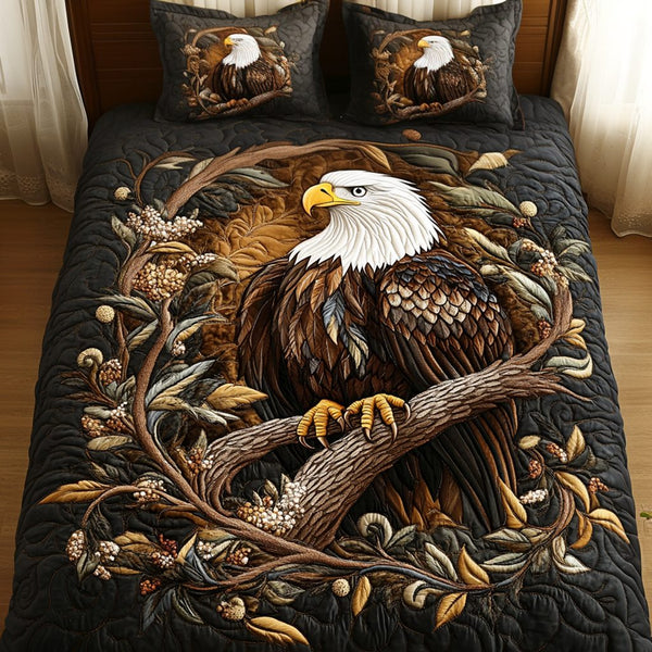 Talon Flight quilted 3-piece bedding set on a made bed with two matching pillow shams