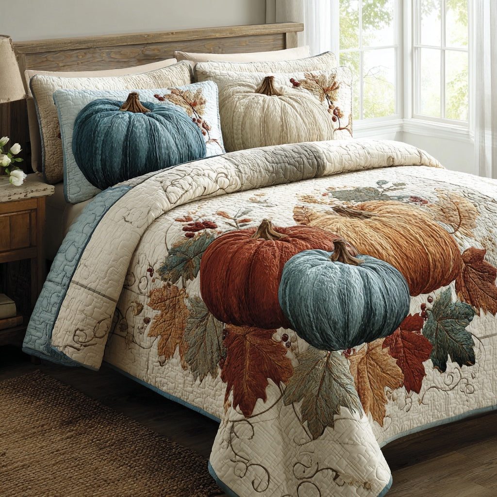Teal Harvest quilted 3-piece bedding set on a made bed with two matching pillow shams