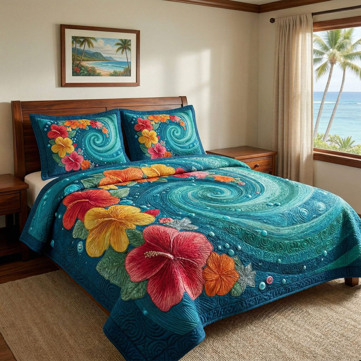 Teal Ocean quilted 3-piece bedding set on a made bed in a light coastal bedroom
