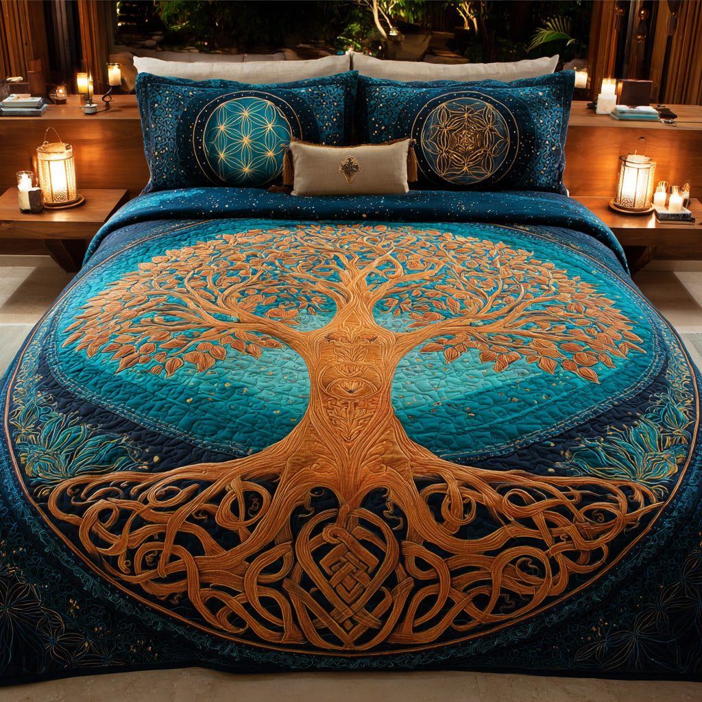 Teal Sanctuary quilted 3-piece bedding set on a made bed with two matching pillow shams
