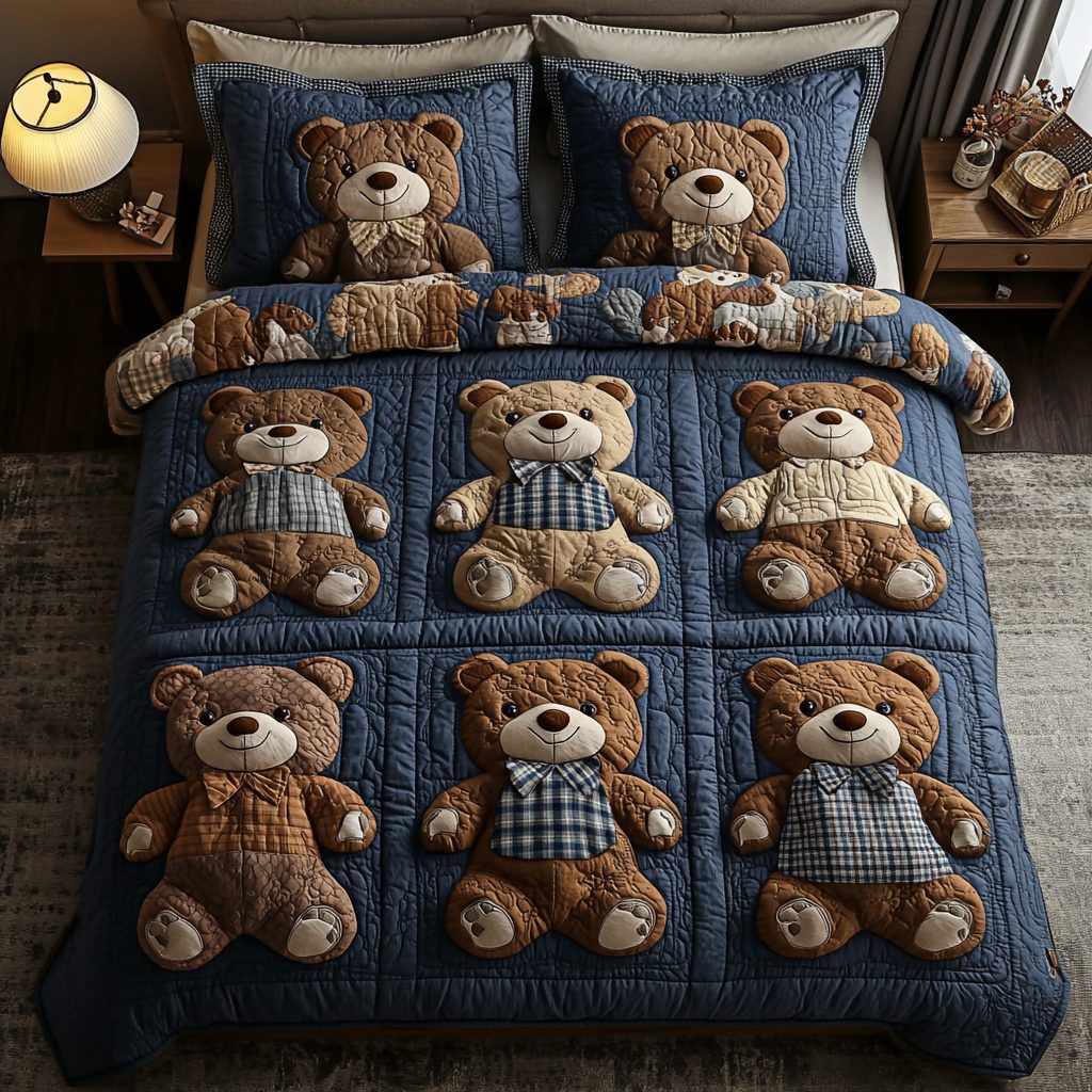 Teddy Comfort quilted 3-piece bedding set on a made bed with two matching pillow shams