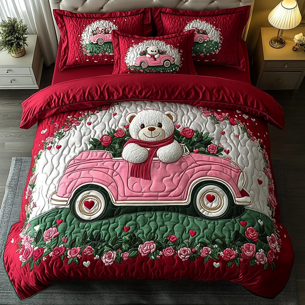 Teddy Love Charm quilted 3-piece bedding set on a made bed with two matching pillow shams