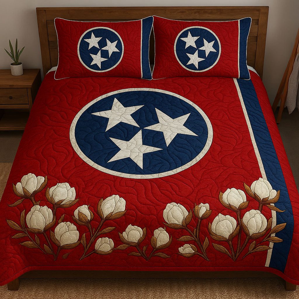 Tennessee Blossoms quilted 3-piece bedding set on a made bed with two matching pillow shams