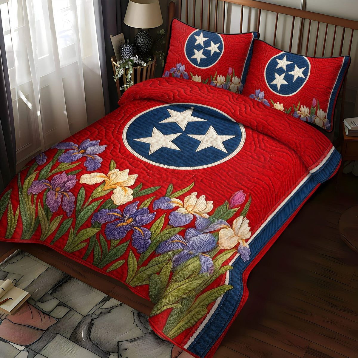 Tennessee Petals quilted 3-piece bedding set on a made bed with two matching pillow shams