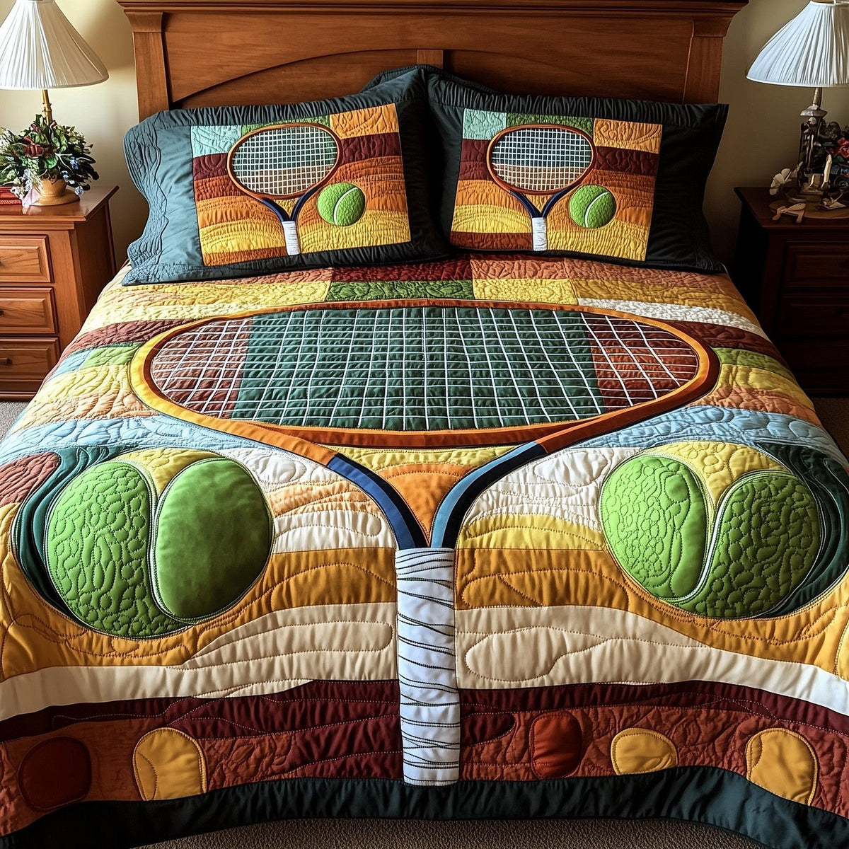 Tennis Time quilted 3-piece bedding set on a made bed with two matching pillow shams