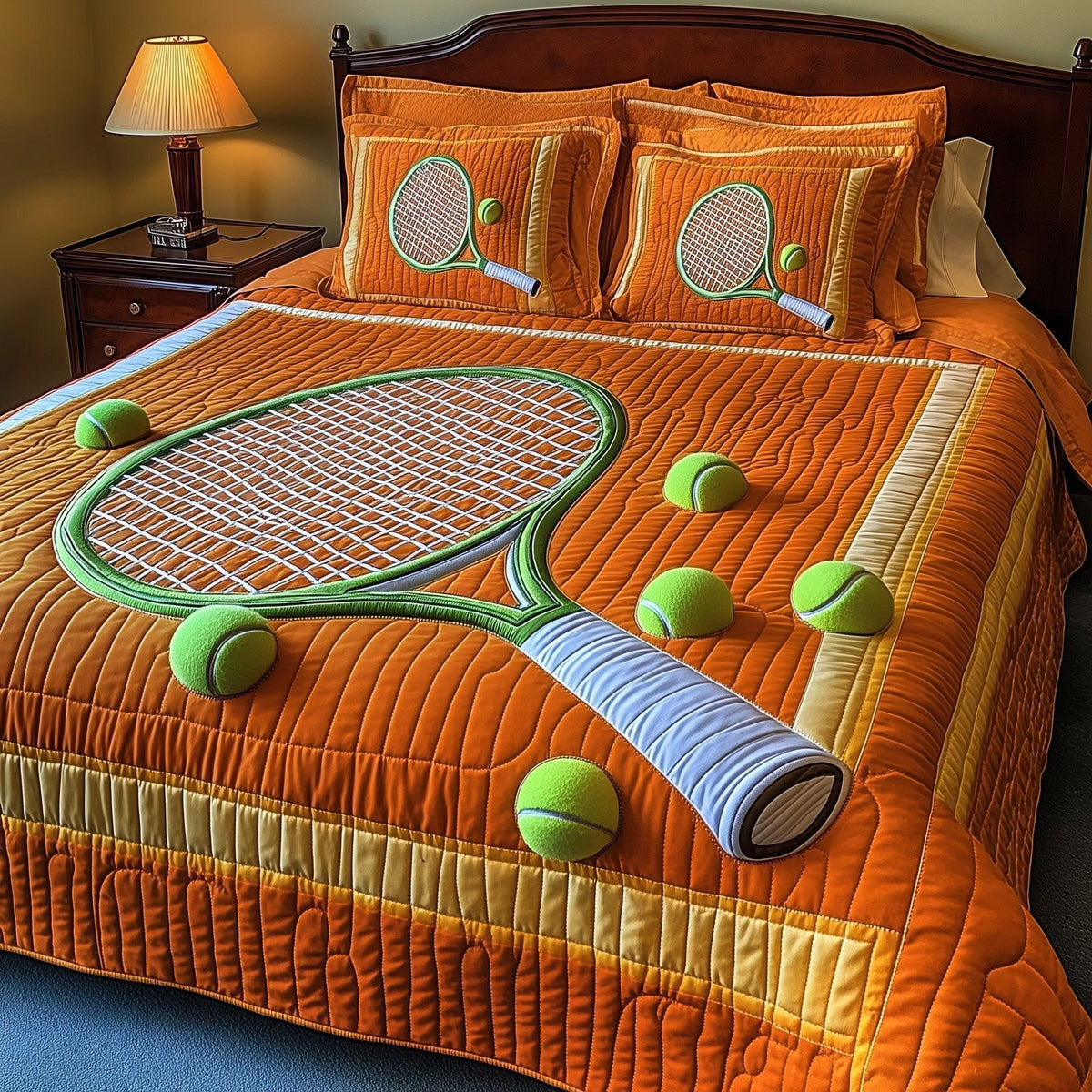 Tennis Time quilted 3-piece bedding set on a made bed with two matching pillow shams