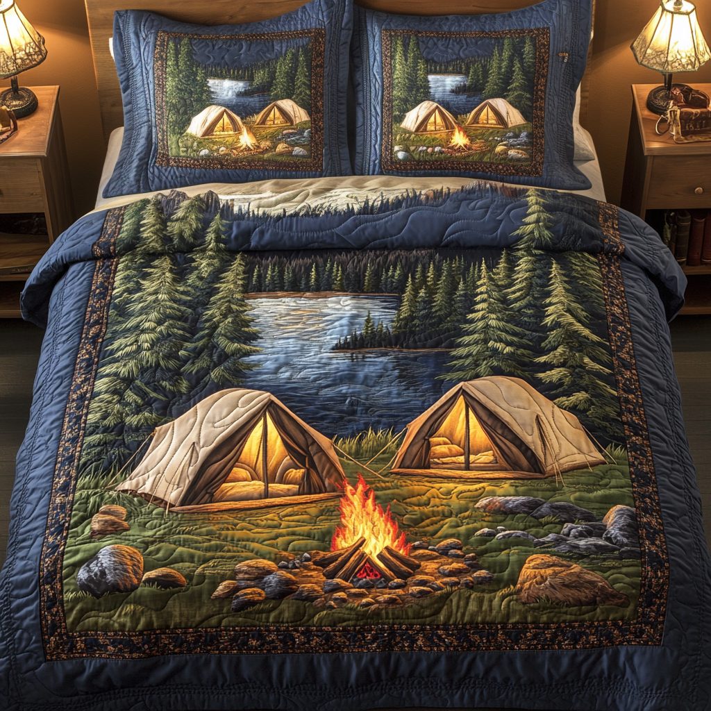 Tent Nights quilted 3-piece bedding set on a made bed with two matching pillow shams