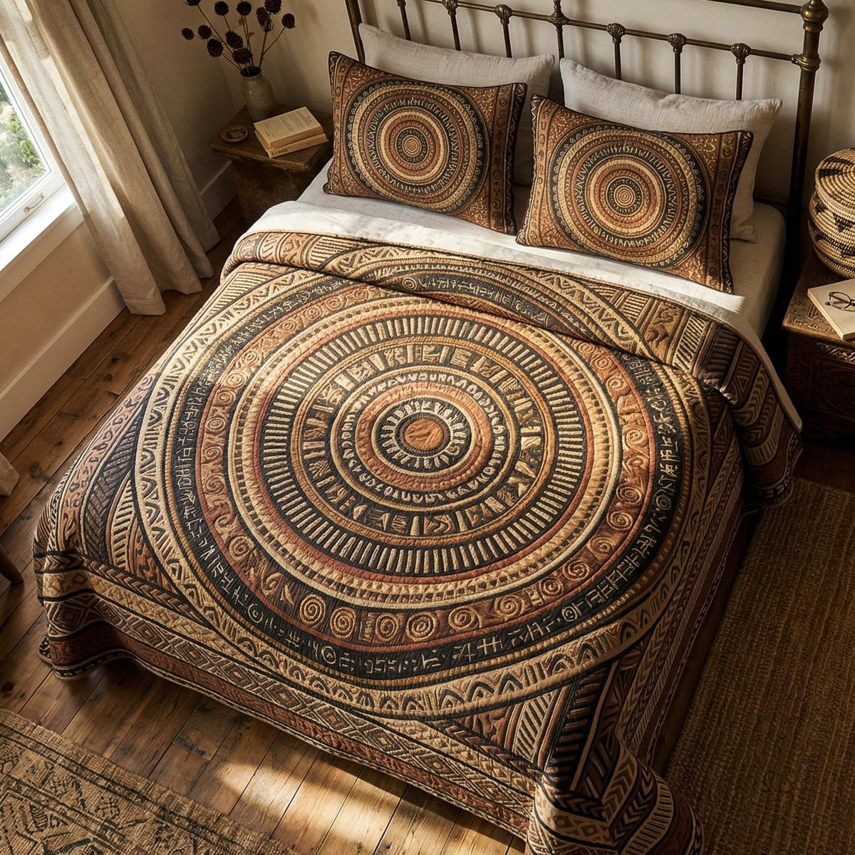 Terra Circle quilted 3-piece bedding set on a made bed with two matching pillow shams