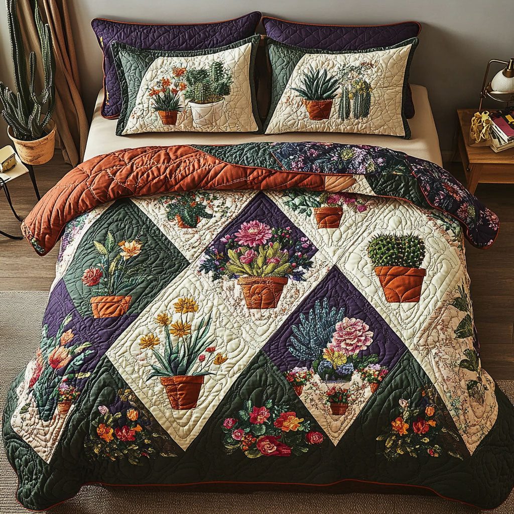 Terracotta Treasures quilted 3-piece bedding set on a made bed with two matching pillow shams