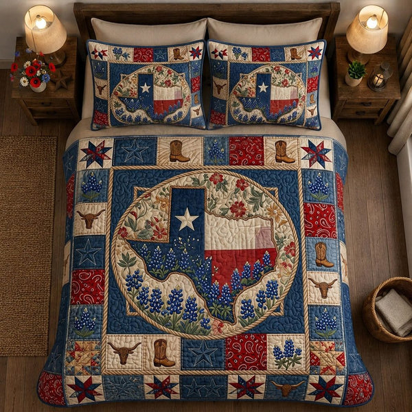 Texas Amber Glow quilted 3-piece bedding set on a made bed in a rustic timber bedroom
