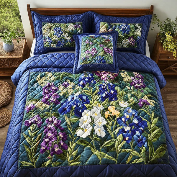 Texas Bloom Patch quilted 3-piece bedding set on a made bed in a rustic timber bedroom