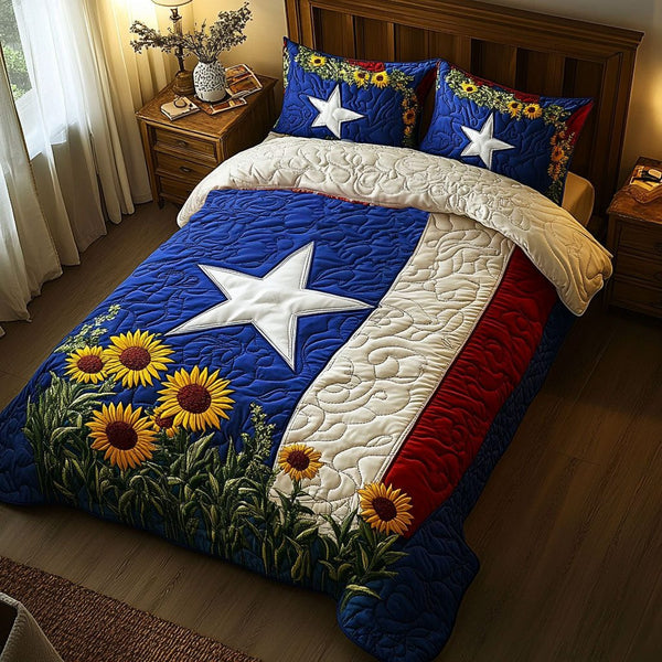 Texas Bloom quilted 3-piece bedding set on a made bed in a rustic timber bedroom