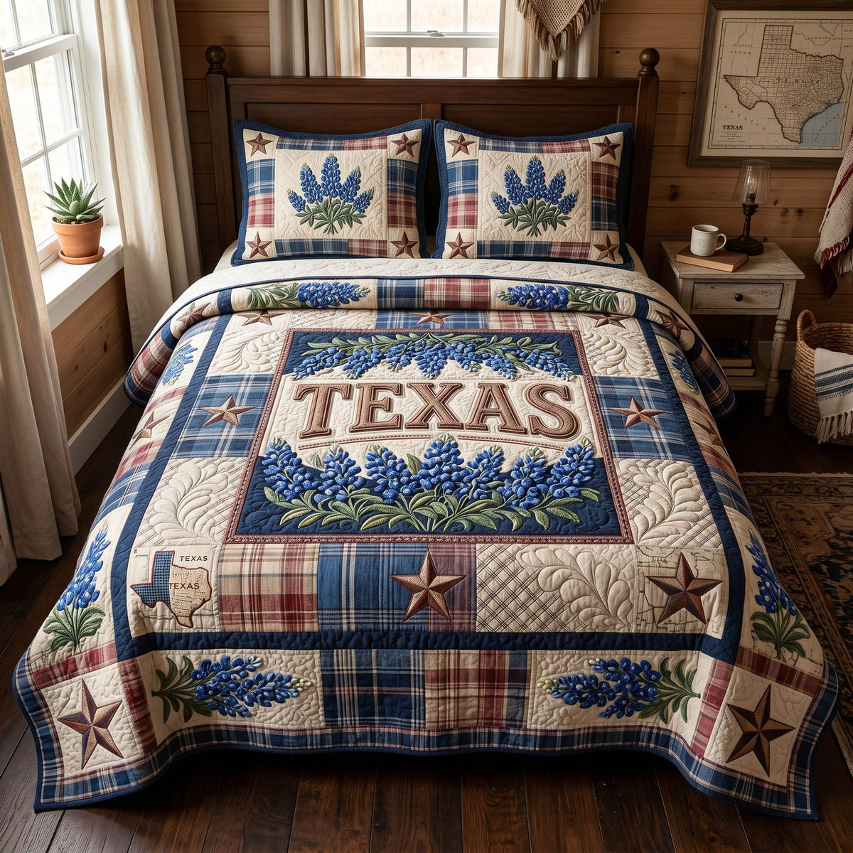 Texas Bloom quilted 3-piece bedding set on a made bed in a rustic timber bedroom