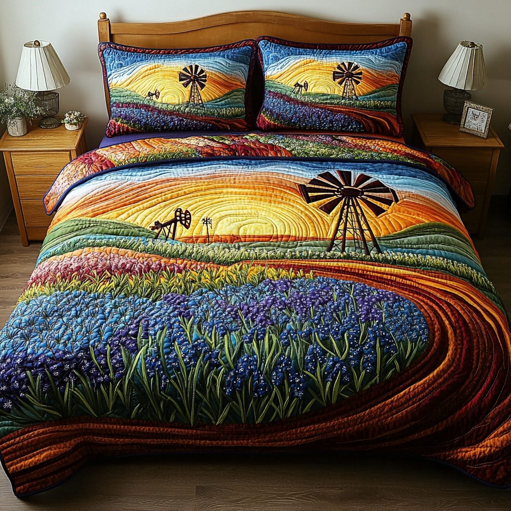 Texas Bloom quilted 3-piece bedding set on a made bed in a rustic timber bedroom
