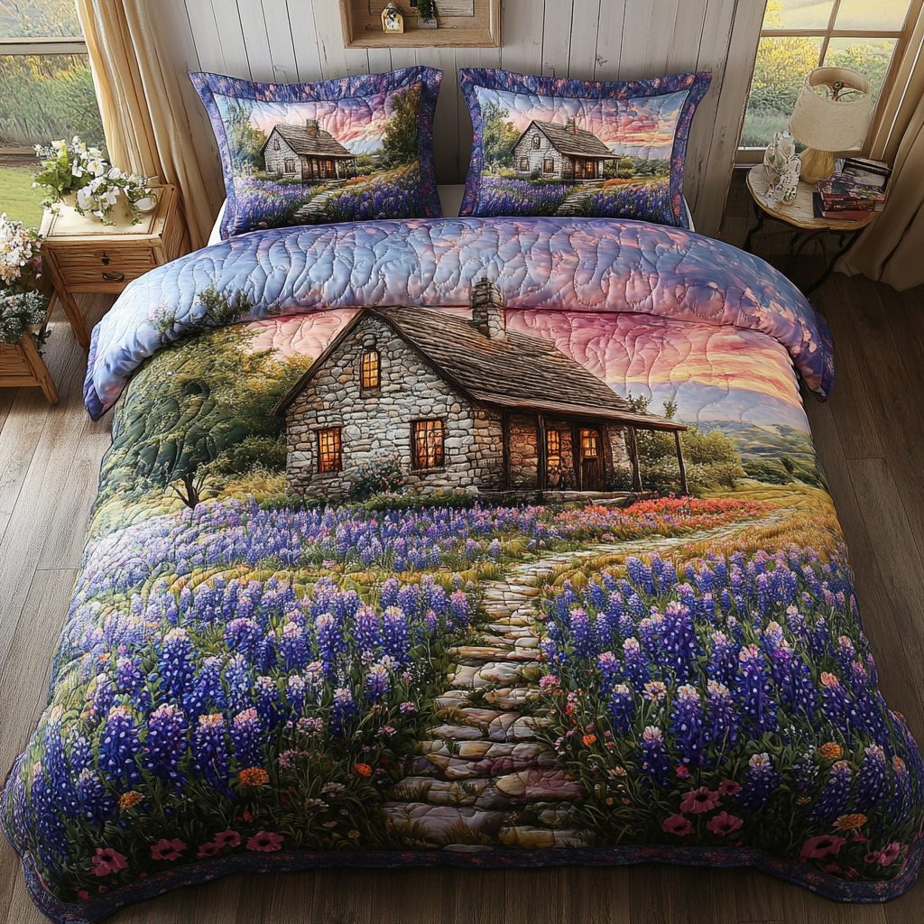 Texas Blooms quilted 3-piece bedding set on a made bed in a rustic timber bedroom
