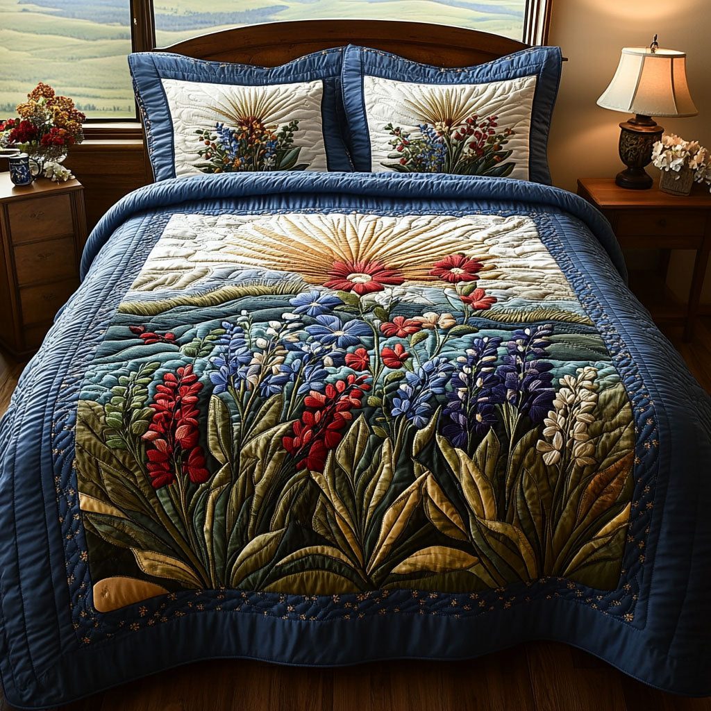 Texas Blooms quilted 3-piece bedding set on a made bed in a rustic timber bedroom