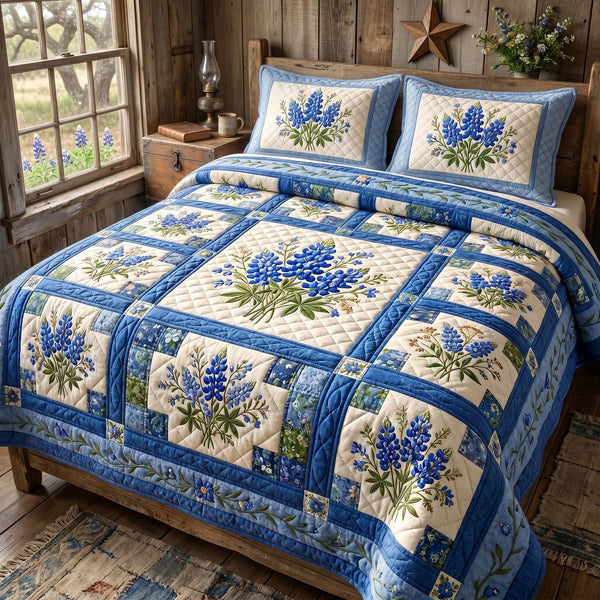 Texas Blossom quilted 3-piece bedding set on a made bed in a rustic timber bedroom
