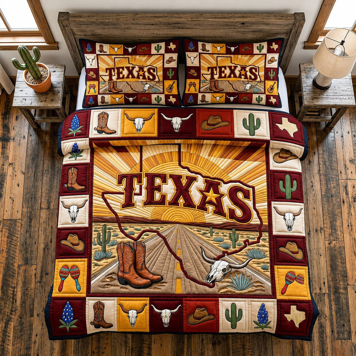 Texas Blue Horizon quilted 3-piece bedding set on a made bed in a rustic timber bedroom