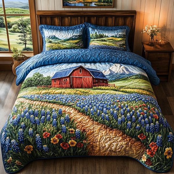Texas Bluebonnet Trail quilted 3-piece bedding set on a made bed in a rustic timber bedroom